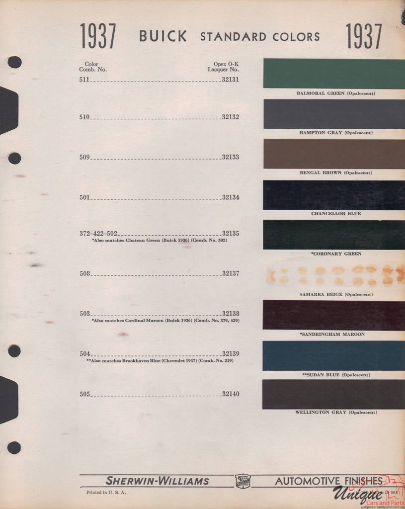 1937 Buick Paint Charts Williams 1